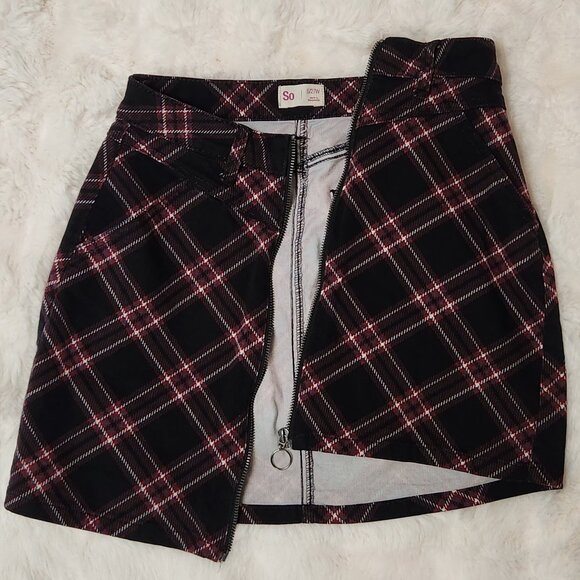 Plaid Zip Jean Mini Skirt - Picture 1 of 4